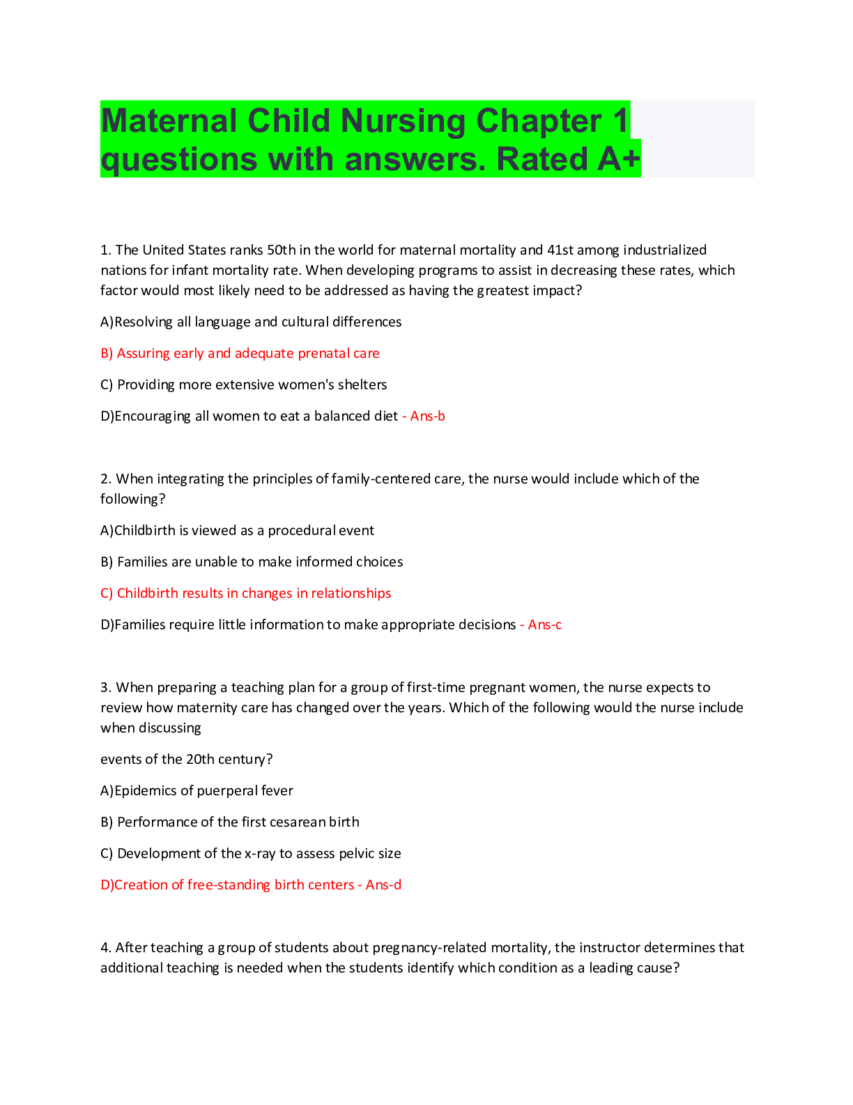 Maternal Child Nursing Chapter 1 questions with answers. Rated A+